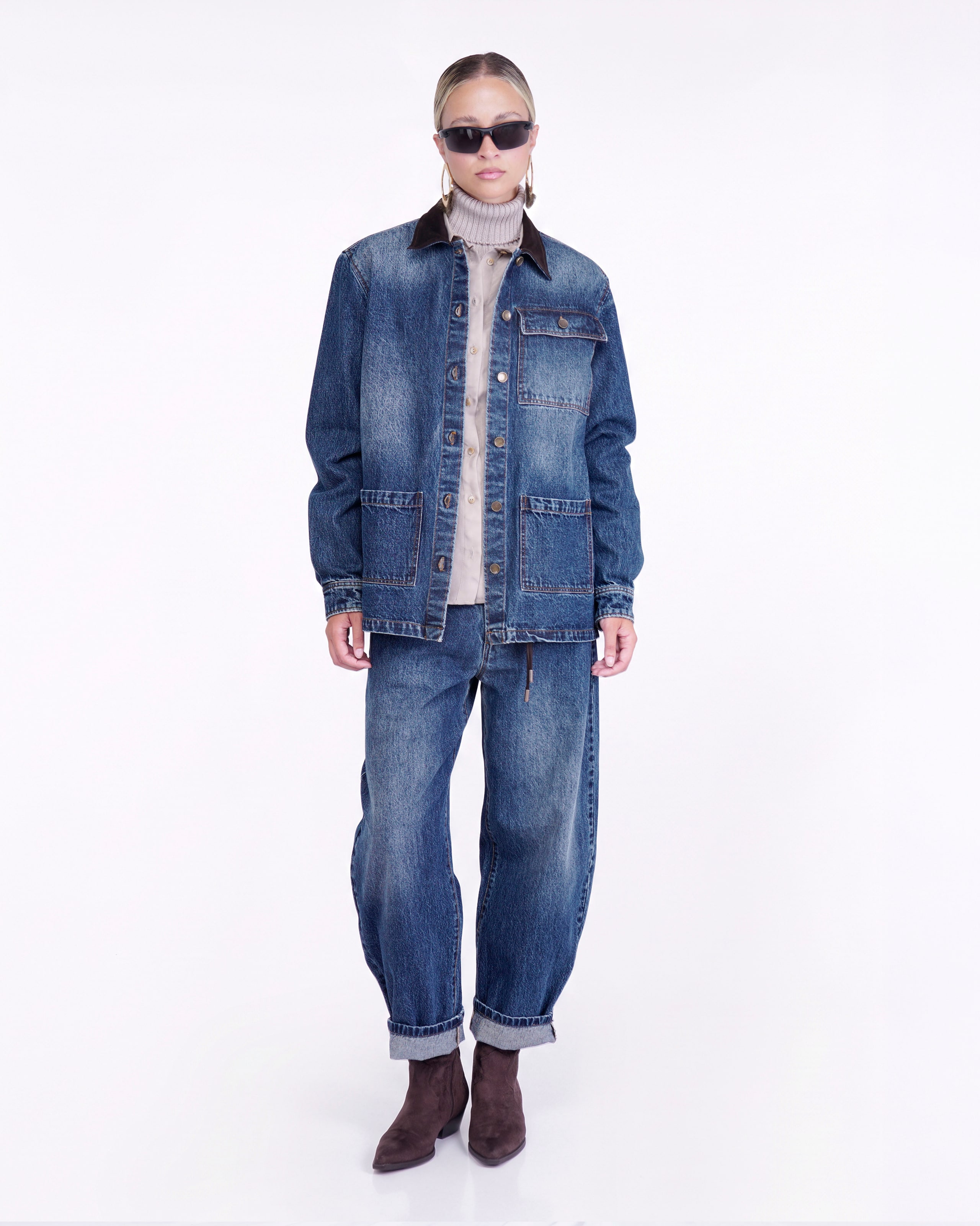 CAMICIA DI JEANS CON COLLO IN CAMOSCIO