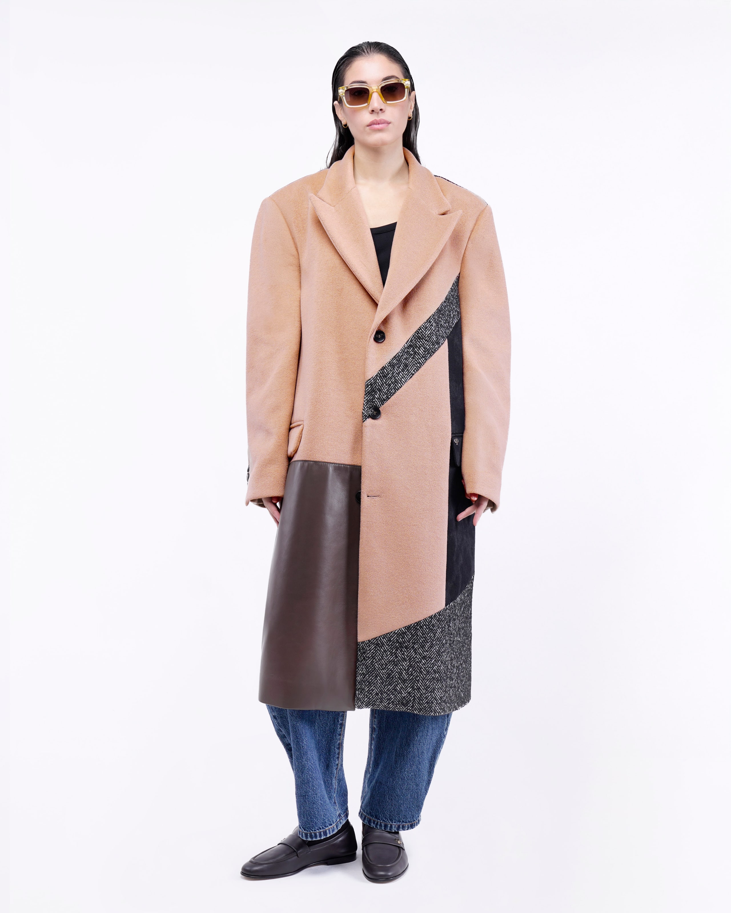 LONG COAT WITH GEOMETRIC PATCHWORK
