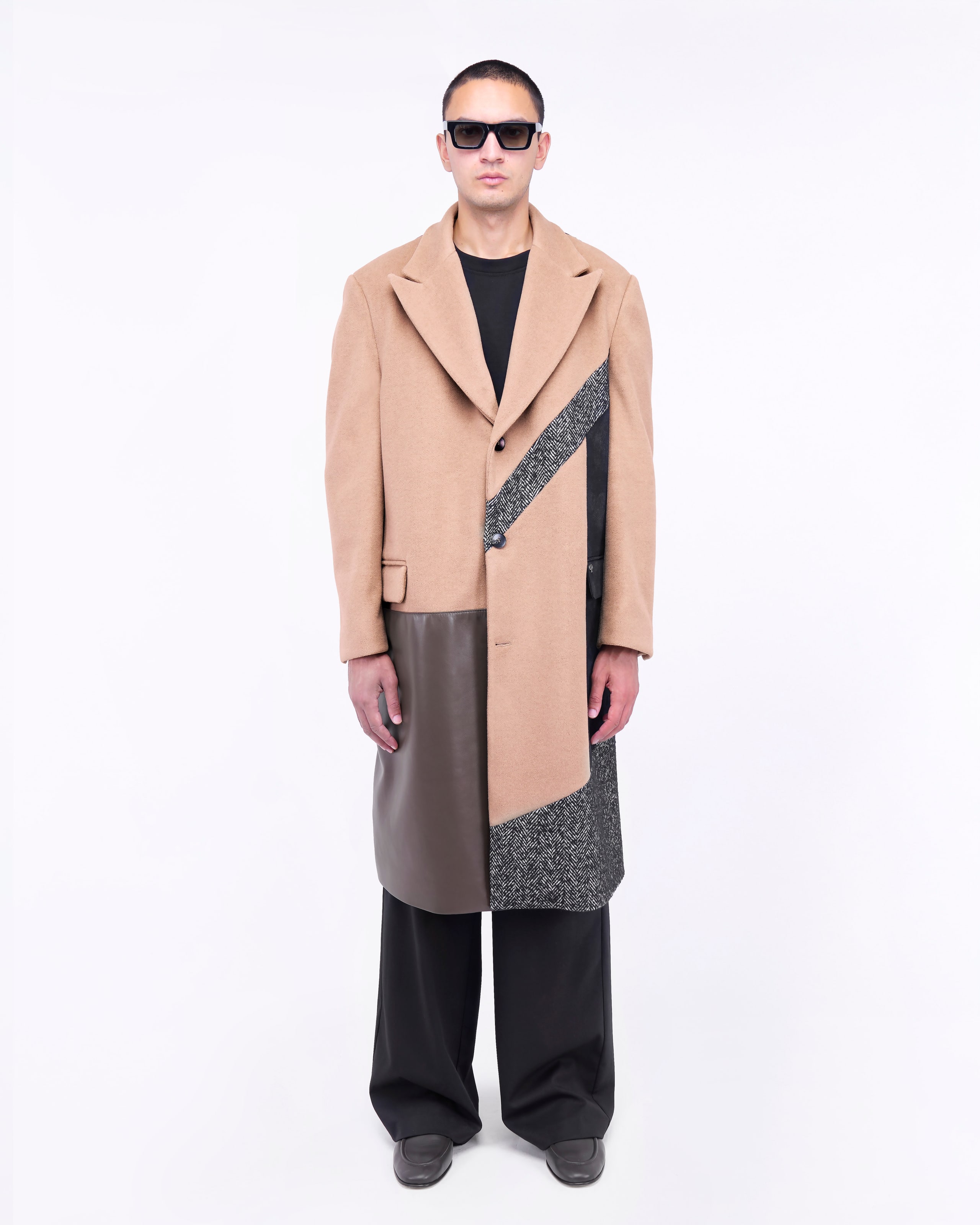 LONG COAT WITH GEOMETRIC PATCHWORK