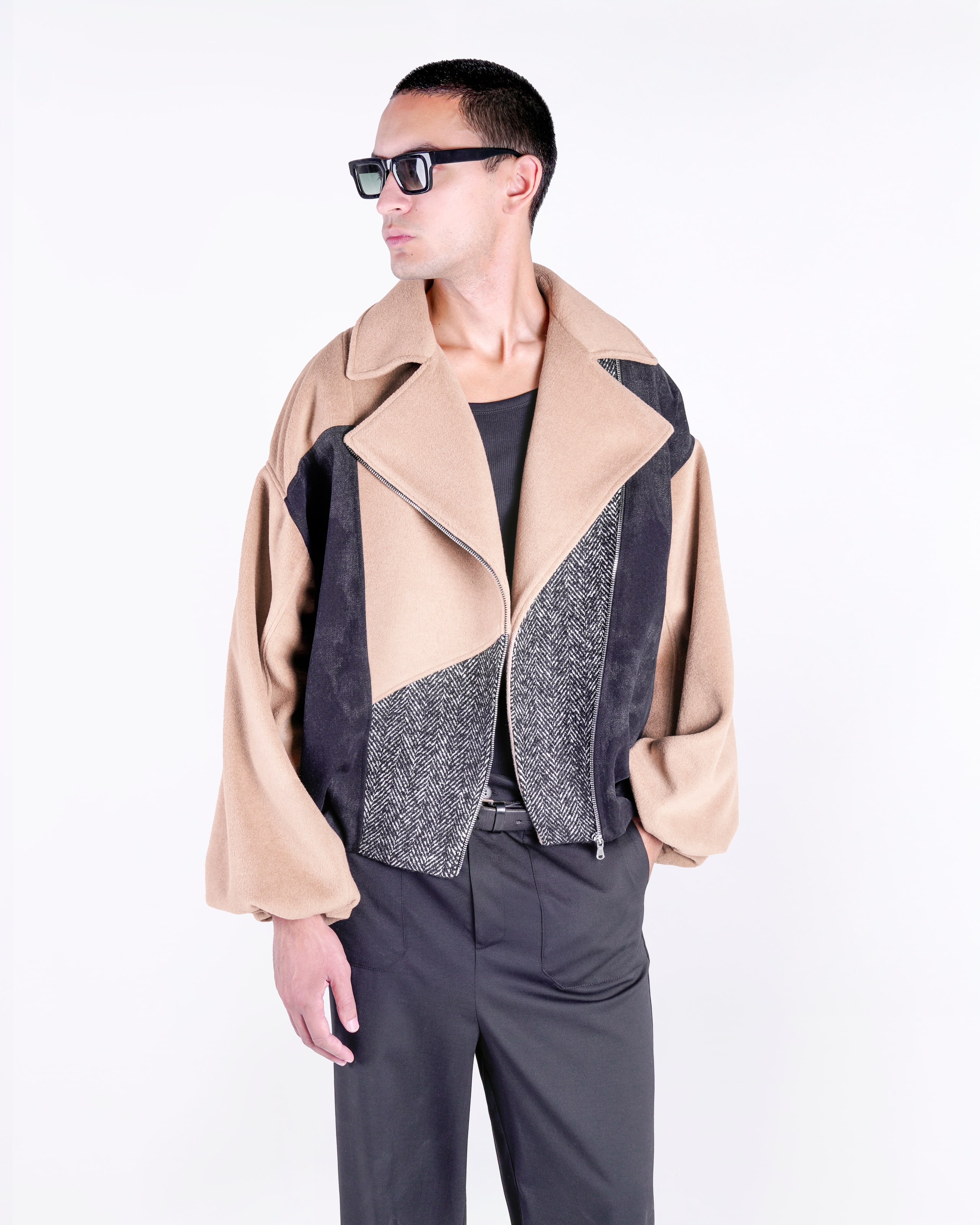 PATCHWORK-BOMBERJACKE MIT DIAGONALEM REISSVERSCHLUSS