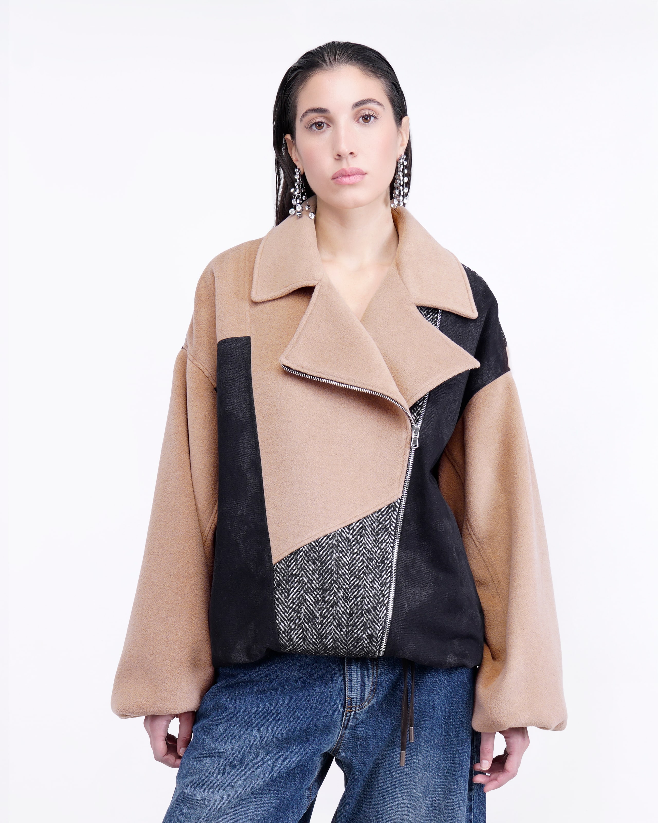PATCHWORK-BOMBERJACKE MIT DIAGONALEM REISSVERSCHLUSS